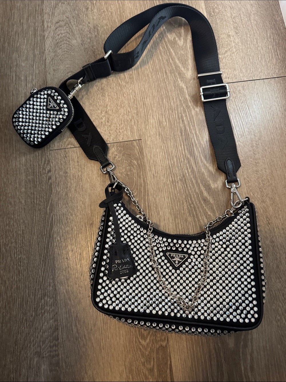 Prada Black Leather Shoulder Bag with Silver Crystal Studs